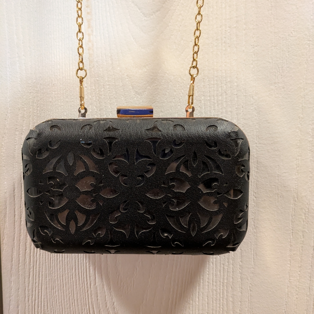 Black Cutout Clutch with Gold Chain